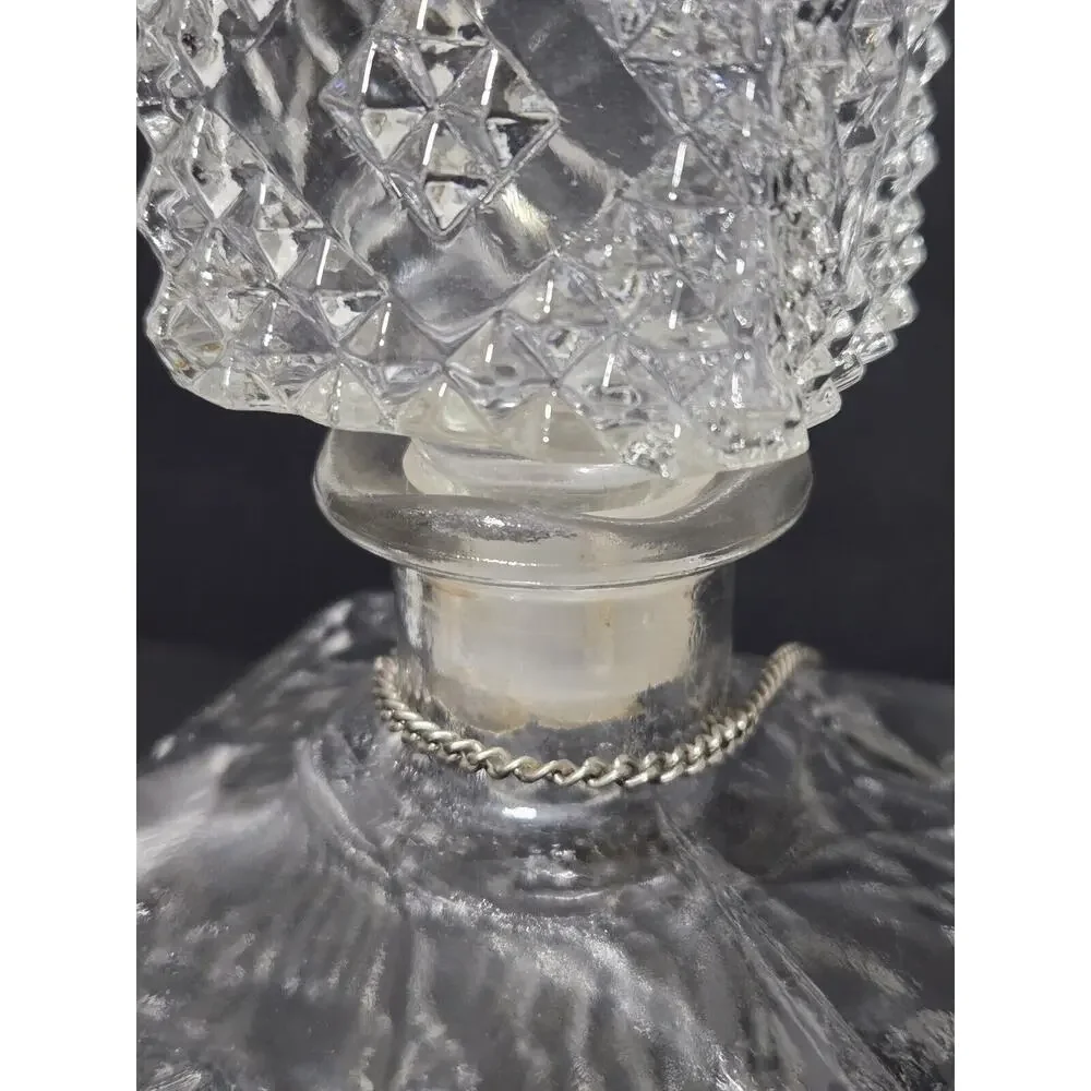 Vintage Diamond Pressed~Glass Bar Decanter~Bourbon/Gin Reversable Metal Hang Tag